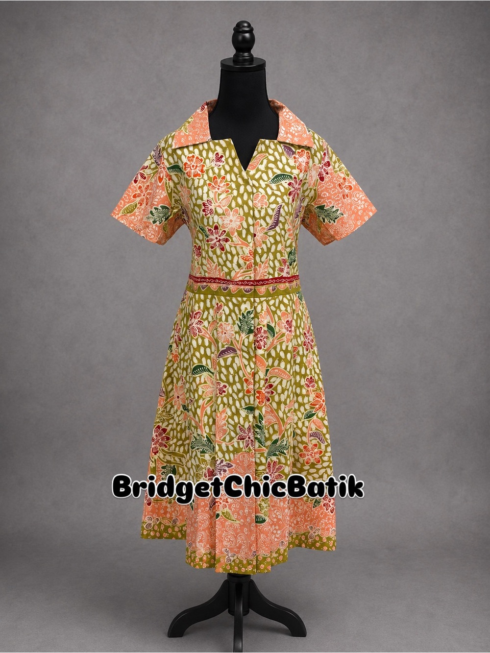 Green & Peach Floral Batik Dress